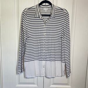 J.Jill Women’s Long Sleeve Button Front Shirt Medium Navy White Vertical Stripe